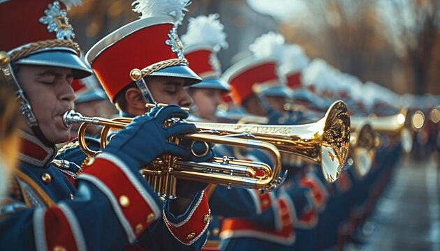 Visualize a high school marching band practicing for a parade or halftime show, playing their instruments with precision