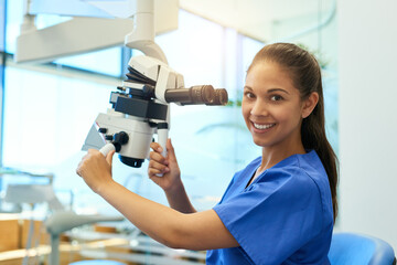 Microscope, pathology and medical student portrait with virus research at hospital or science lab....