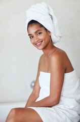 Self care, woman or portrait with smile and towel in bathroom for cosmetics, wellbeing and relax in home. Female person, happy and beautiful in house for health, hygiene and grooming or treatment