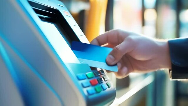 A close-up of a hand inserting a blue credit card into an ATM machine. The machine's keypad is visible. Concepts of finance, banking, technology, transactions, and security are associated.