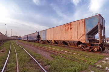 Freight train passing through the Porto railway. Grain export terminals. City of Santos, Brazil.