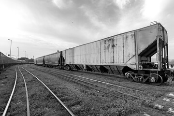 Freight train passing through the Porto railway. Grain export terminals. City of Santos, Brazil....