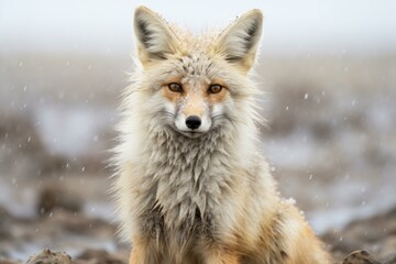 Obraz premium Calm fox sits in a peaceful snowy landscape, with flakes adorning its fur