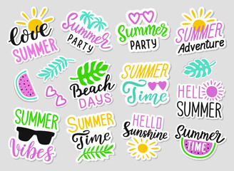 Summer time, Hello, love, party, vibes, adventure, sunshine, Beach days hand lettering quote stickers. Handwritten decorative phrases. EPS 10 isolated vector illustration for prints, cutting designs
