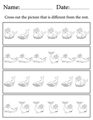 Whale Puzzle. Printable Activity Page for Kids. Educational Resources for School for Kids. Kids Activity Worksheet. Find the Different Object