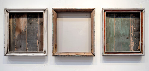 Wide format folk art gallery with a simple wooden empty picture frame, rustic and authentic.