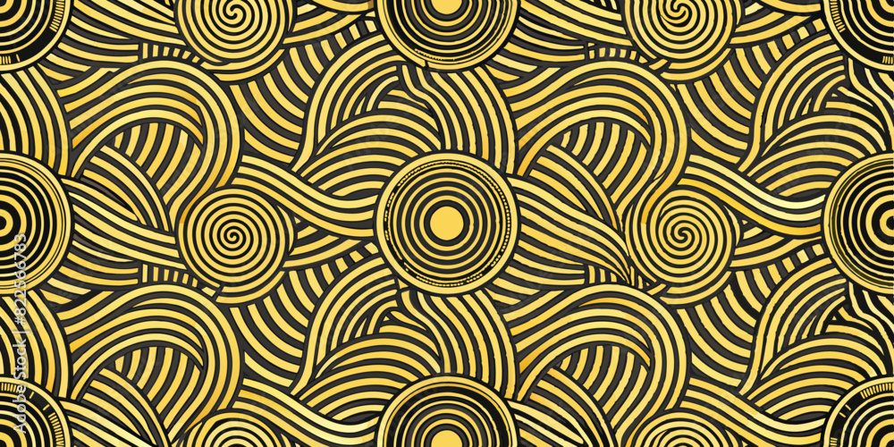 Wall mural seamless abstract wave pattern with circular designs in yellow and black