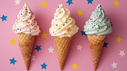 Three ice cream cones wrapped in star-patterned paper.