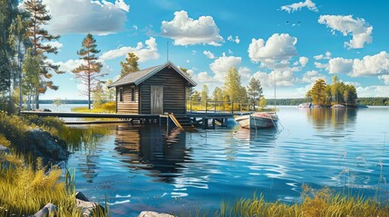 Traditional wooden hut. Finnish sauna on the lake and pier with fishing boats. Summer landscape --ar 16:9 Job ID: 357d3dc8-4b1b-49ff-a5f1-ba7033be2204