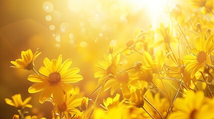 Yellow thorn thumb flowers bathed in the morning sun, set against a yellow background. The sunlight enhances the vibrant yellow hues, creating a warm and cheerful scene.