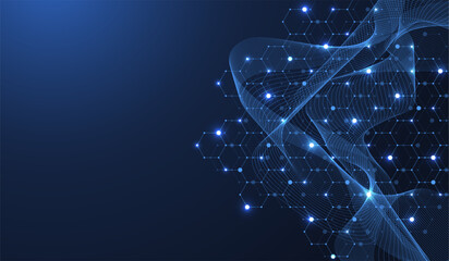 Molecular abstract structure and genetic engineering DNA. Healthcare and medicine background concept. Scientific research background. Wave flow. Innovation pattern. Vector illustration.