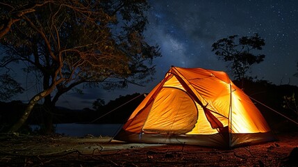 A glowing tent under a star-filled night sky.