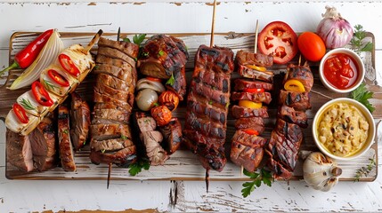 High angle view of a delicious grilled meal - appetizing barbecued meats and vegetables arranged on a white wooden picnic table.