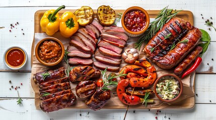 High angle view of a delicious grilled meal - appetizing barbecued meats and vegetables arranged on a white wooden picnic table.