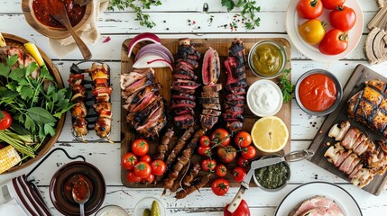 High angle view of a delicious grilled meal - appetizing barbecued meats and vegetables arranged on a white wooden picnic table.