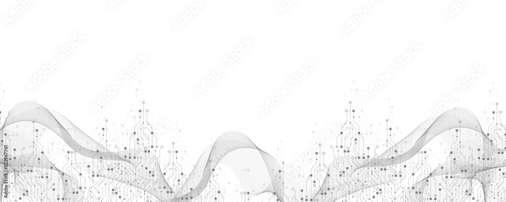 Poster Quantum computer technologies concept. Futuristic blue circuit board background vector. Modern technology circuit board texture background design. Waves flow. Quantum explosion technology.