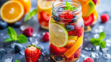 A refreshing summer homemade cocktail of detox fruit-infused water, captured in selective focus.