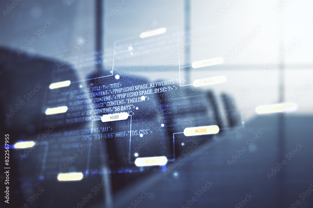Poster Double exposure of abstract programming language interface on a modern meeting room background, research and development concept