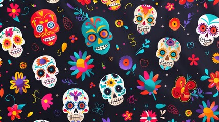 Colorful sugar skulls and flowers pattern on dark background. Vibrant Day of the Dead design. Concept of Mexican tradition, cultural celebration, festive decor