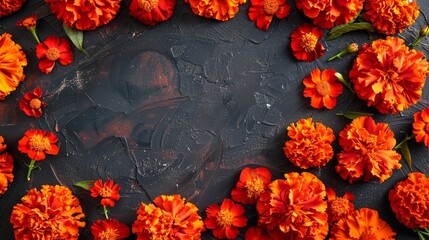 Marigold flowers on dark textured background. Copy space. Concept of floral arrangement, nature beauty, botanical design. Day of the Dead, Dia de los Muertos celebration. Greeting card
