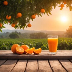 Naklejka premium Fresh oranges and orange juice glass on table, garden in background.