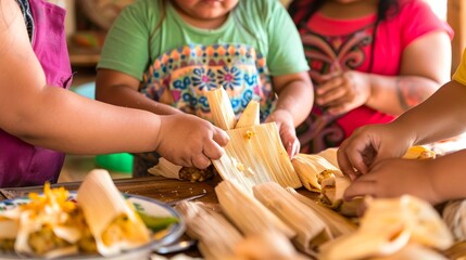Hispanic children making traditional tamales. Latino kids preparing classic Mexican dish. Concept of cultural heritage, culinary traditions, Hispanic cuisine, family bonding