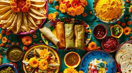 Mexican traditional food on the table. Authentic Mexican cuisine with bright dishes. Concept of cultural celebration, culinary, festive meal, feast, Day of the Dead, Dia de los Muertos celebration