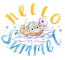 baby elephant inflatable toy lettering hello summer clipart