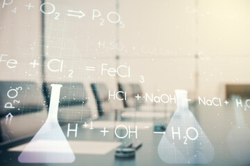 Creative chemistry hologram on a modern boardroom background, pharmaceutical research concept....