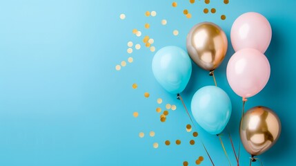  A group of balloons against a blue backdrop, adorned with golden and pink confetti