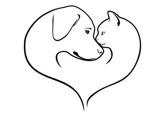Outlined portrait of dog and cat in heart shape