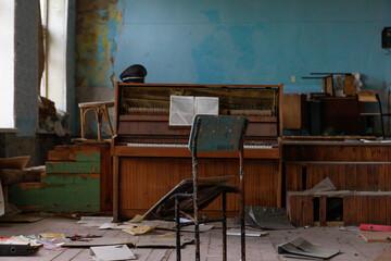 An auditorium at a music school destroyed during hostilities.