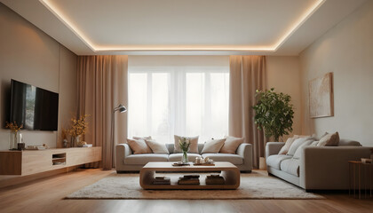 Fototapeta premium Stylish, cozy living room featuring neutral colors, elegant furniture, and ambient lighting for a contemporary yet inviting interior design