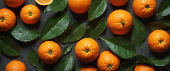 Fresh orange with green leaves on dark. Food background. Top view
