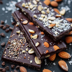 Chocolate and nuts lie on a wooden board.