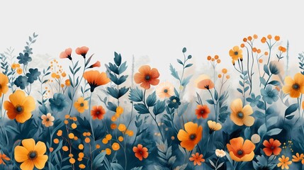 A painting of a field of flowers with a blue sky in the background. The flowers are in various colors, including orange and blue. The painting has a serene and peaceful mood, with the flowers