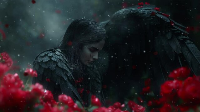 A dark angel on a flower field in the snow