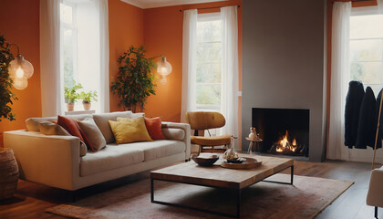 Warm and inviting living room with a lit fireplace, comfortable sofa, and modern decor in a home setting