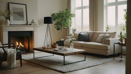 Fototapeta premium Modern living room with a cozy fireplace, beige sofa, wooden coffee table, and abundant natural light from large windows