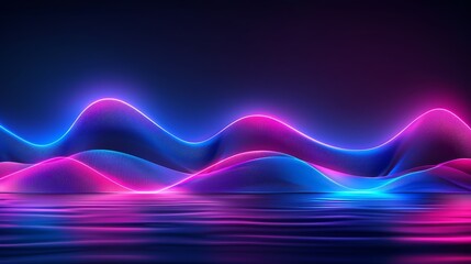 Wave of light against dark blue backdrop, tinted pink and purple; foreground displays reflecting water