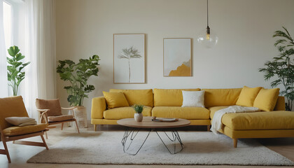 Chic living room interior with a cozy yellow sofa, sophisticated furnishings, and modern wall art accents