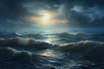 Tranquil seascape with golden hour sunlight reflecting on the calm ocean waves at dusk, creating a...