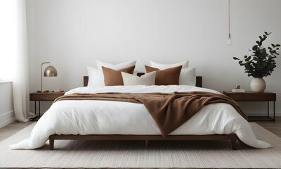 Cozy bedroom interior displaying a comfortable bed with white linen and brown accent pillows, accompanied by modern bedside accessories and greenery