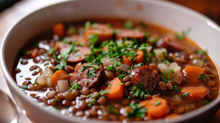 Satisfying czech lentil soup with sausage and veggies, topped with fresh parsley, ideal for a cozy dinner