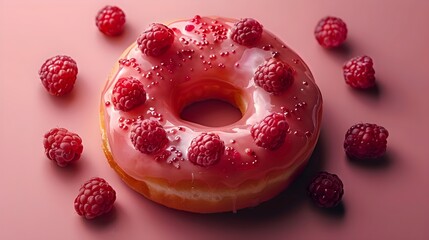 Glazed donut with fresh raspberries on a vibrant pink background.