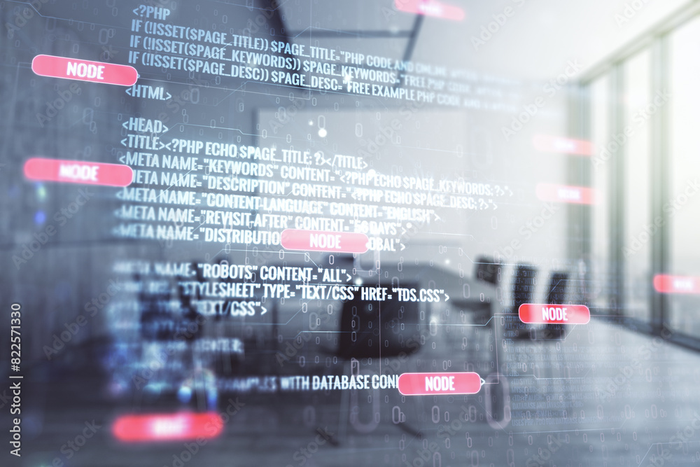 Aufkleber abstract virtual coding concept on a modern conference room background. multiexposure