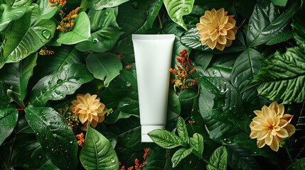 An ultra-detailed realistic photography of a white mock-up skincare tube among on a pile of fresh green leaves and light orange and yellow flowers with dew drops under warm light