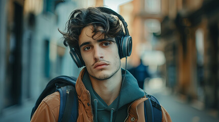 Young man listening to music while walking