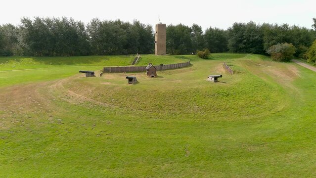Aerial view of the Stenen Baak lighthouse and defensive positions in South Holland, Netherlands.