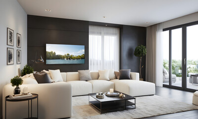 Fototapeta premium Elegant contemporary living room showcases a large comfortable sofa, designer decor, and expansive windows with an outdoor scenic view